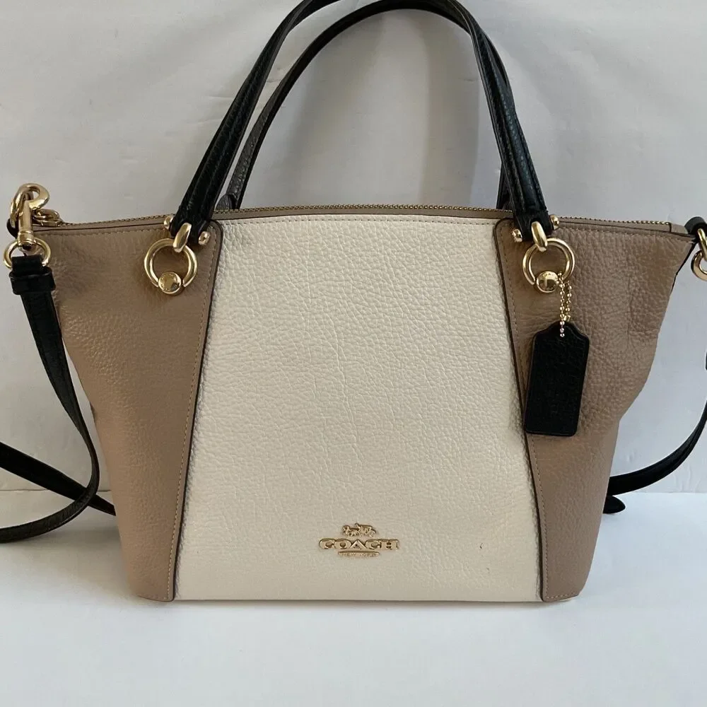 Coach Kacey Satchel Leather Bag in Colorblock Gold Chalk Tan Convertible C6841